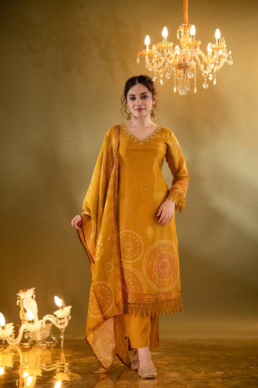 Mustard Yellow Printed Muslin 3-Piece Kurta Set with Dupatta