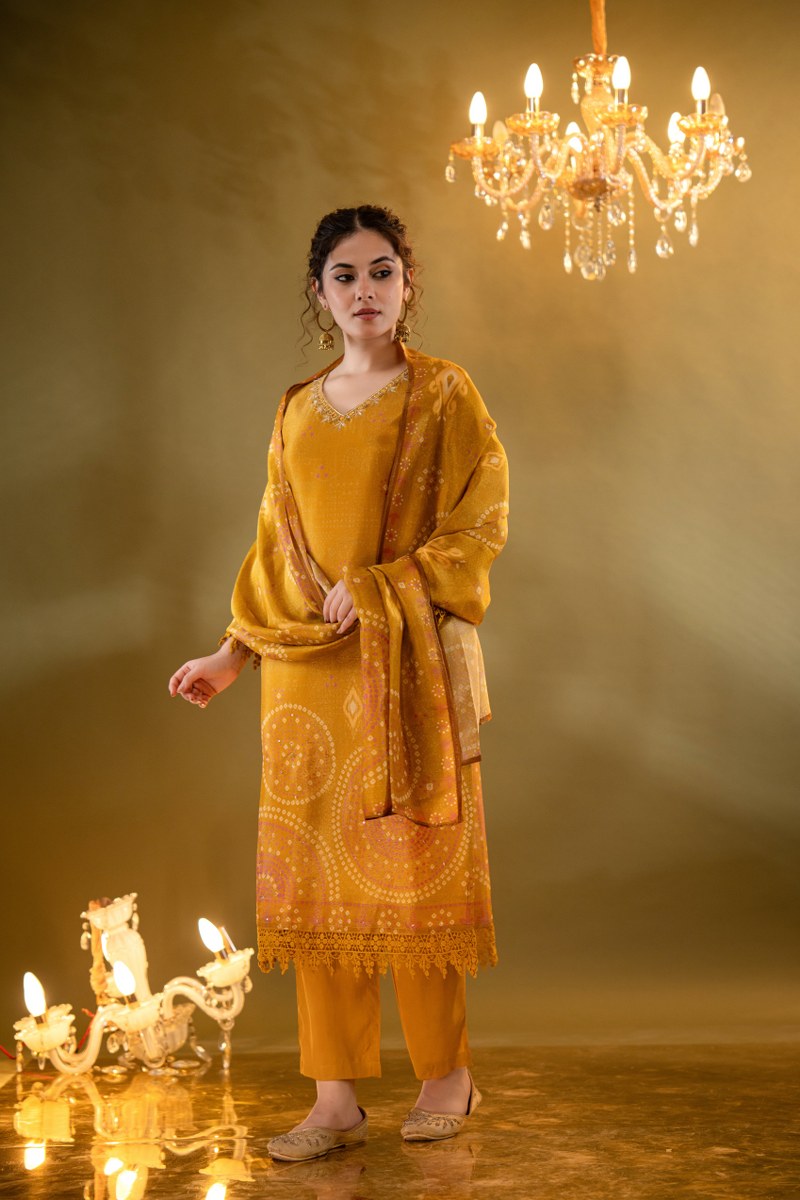 Mustard Yellow Printed Muslin 3-Piece Kurta Set with Dupatta