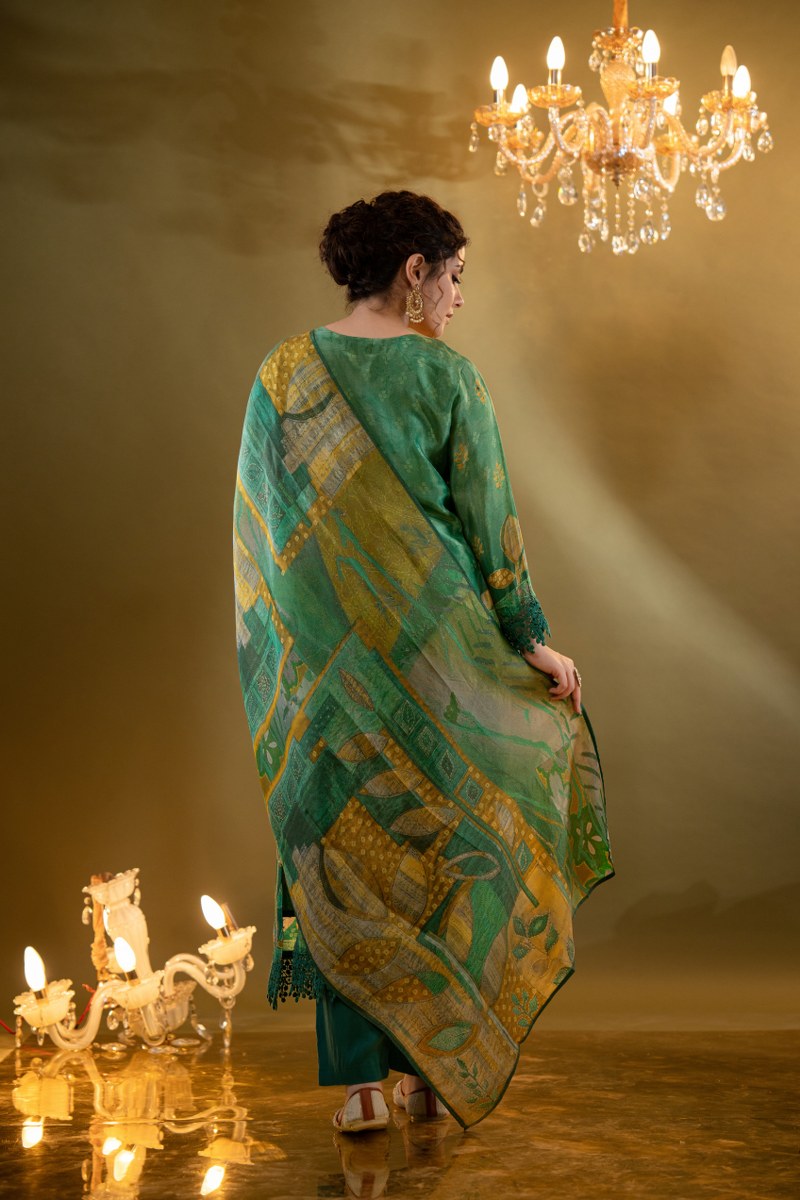 Emerald Green Muslin Printed 3-Piece Kurta Set with Embellished Dupatta