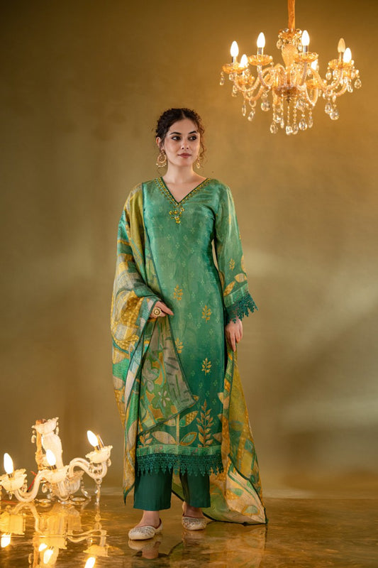 Emerald Green Muslin Printed 3-Piece Kurta Set with Embellished Dupatta