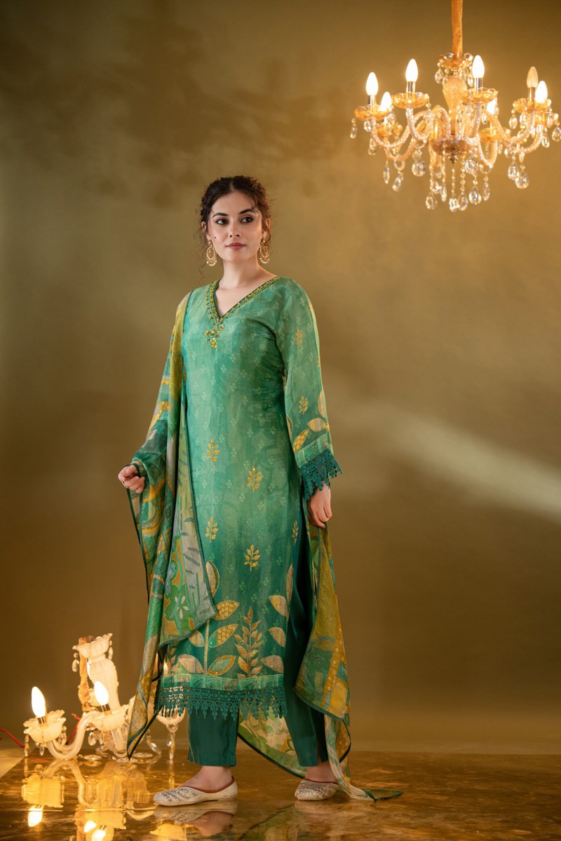 Emerald Green Muslin Printed 3-Piece Kurta Set with Embellished Dupatta