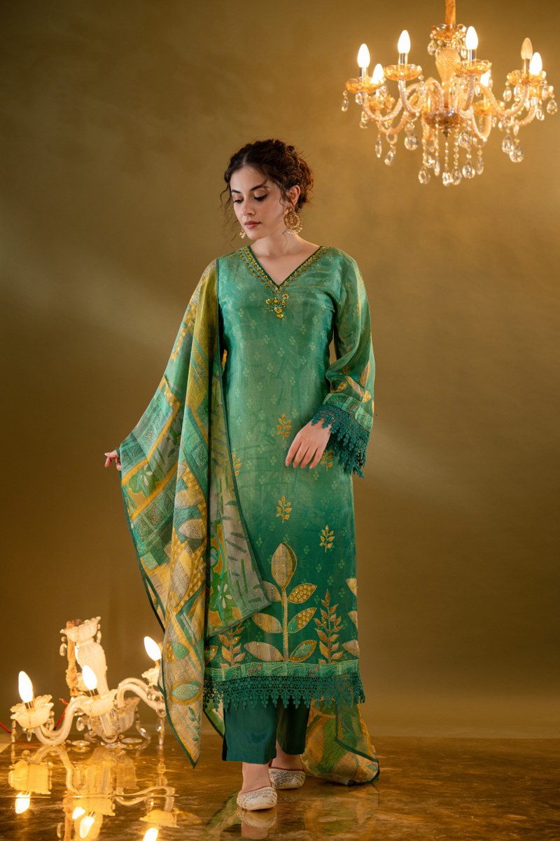 Emerald Green Muslin Printed 3-Piece Kurta Set with Embellished Dupatta
