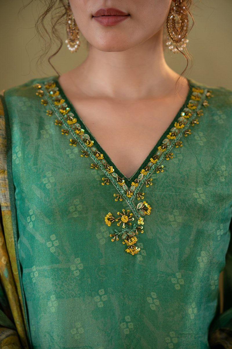 Emerald Green Muslin Printed 3-Piece Kurta Set with Embellished Dupatta