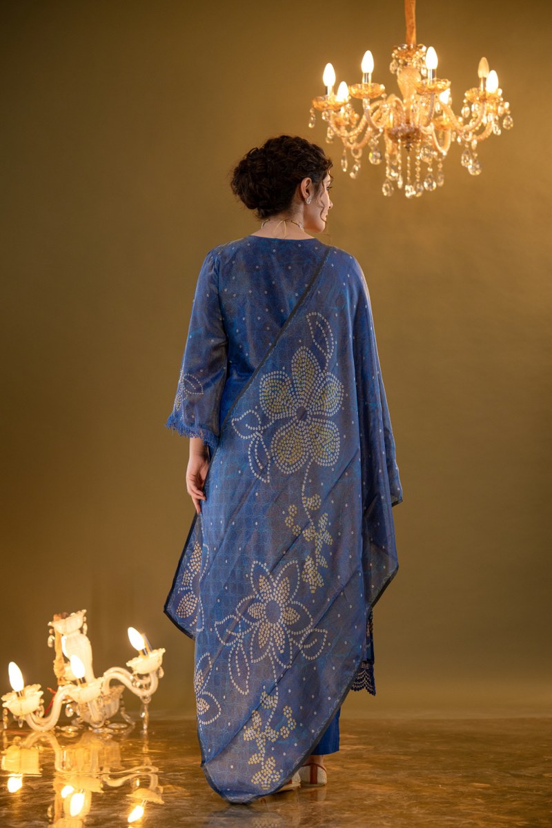 Midnight Blue Bandhani-Inspired Muslin 3-Piece Kurta Set with Dupatta
