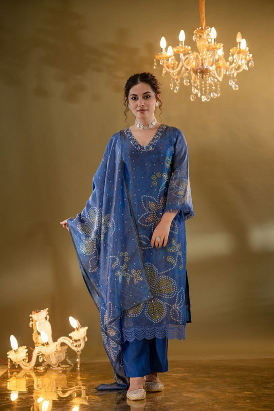 Midnight Blue Bandhani-Inspired Muslin 3-Piece Kurta Set with Dupatta