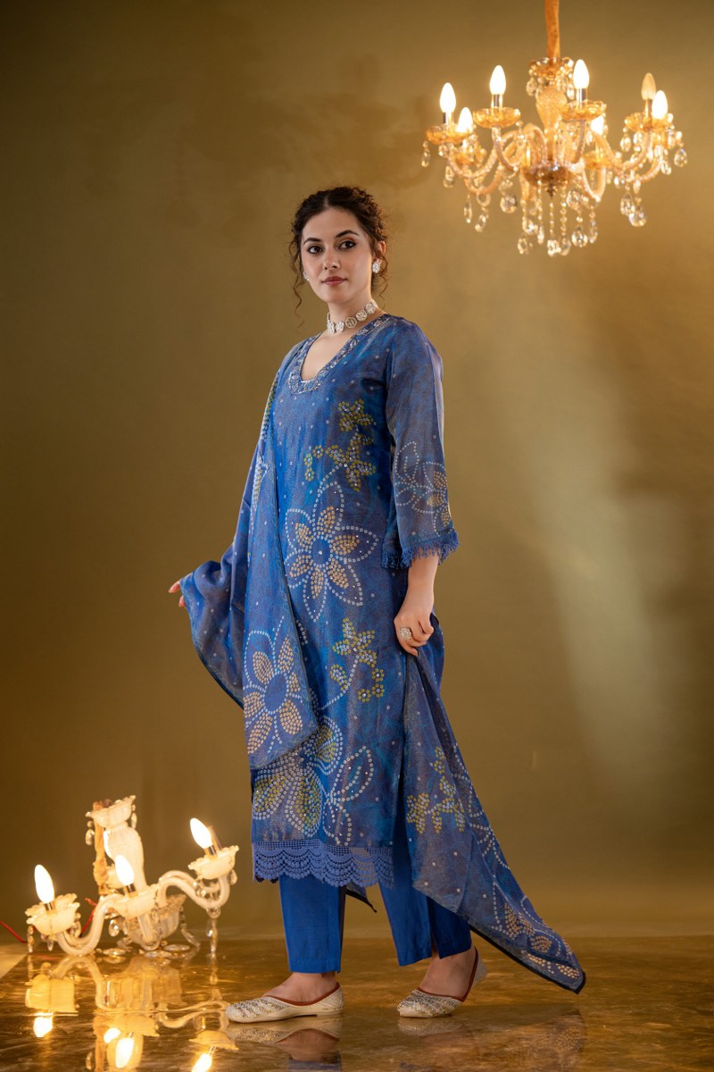 Midnight Blue Bandhani-Inspired Muslin 3-Piece Kurta Set with Dupatta
