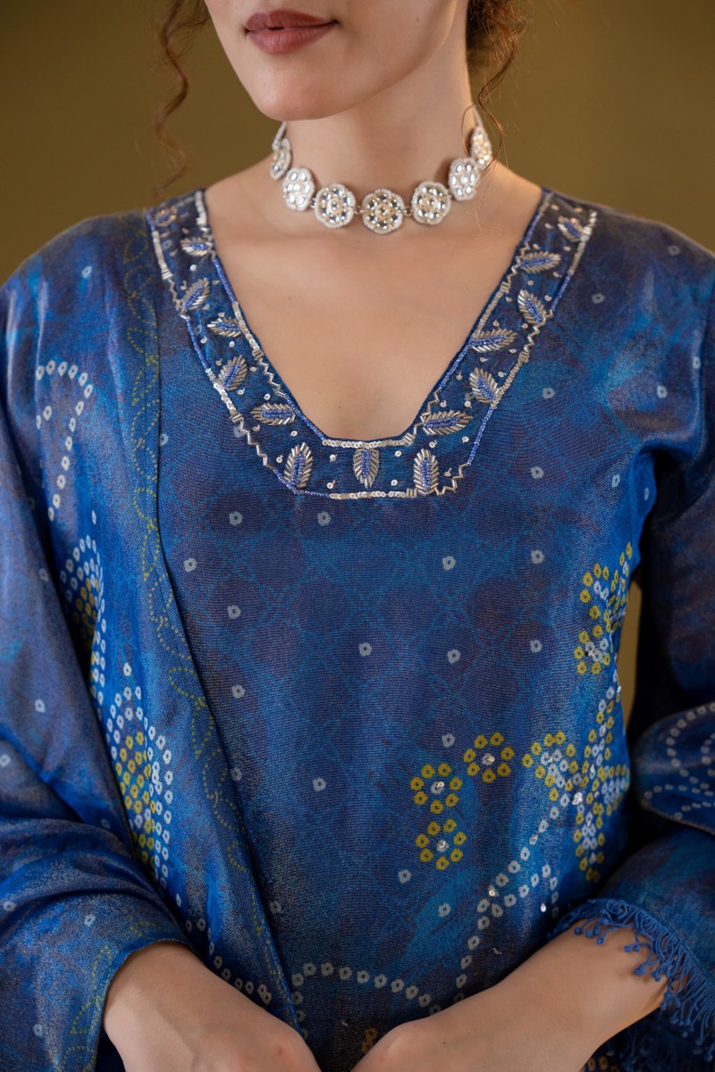 Midnight Blue Bandhani-Inspired Muslin 3-Piece Kurta Set with Dupatta