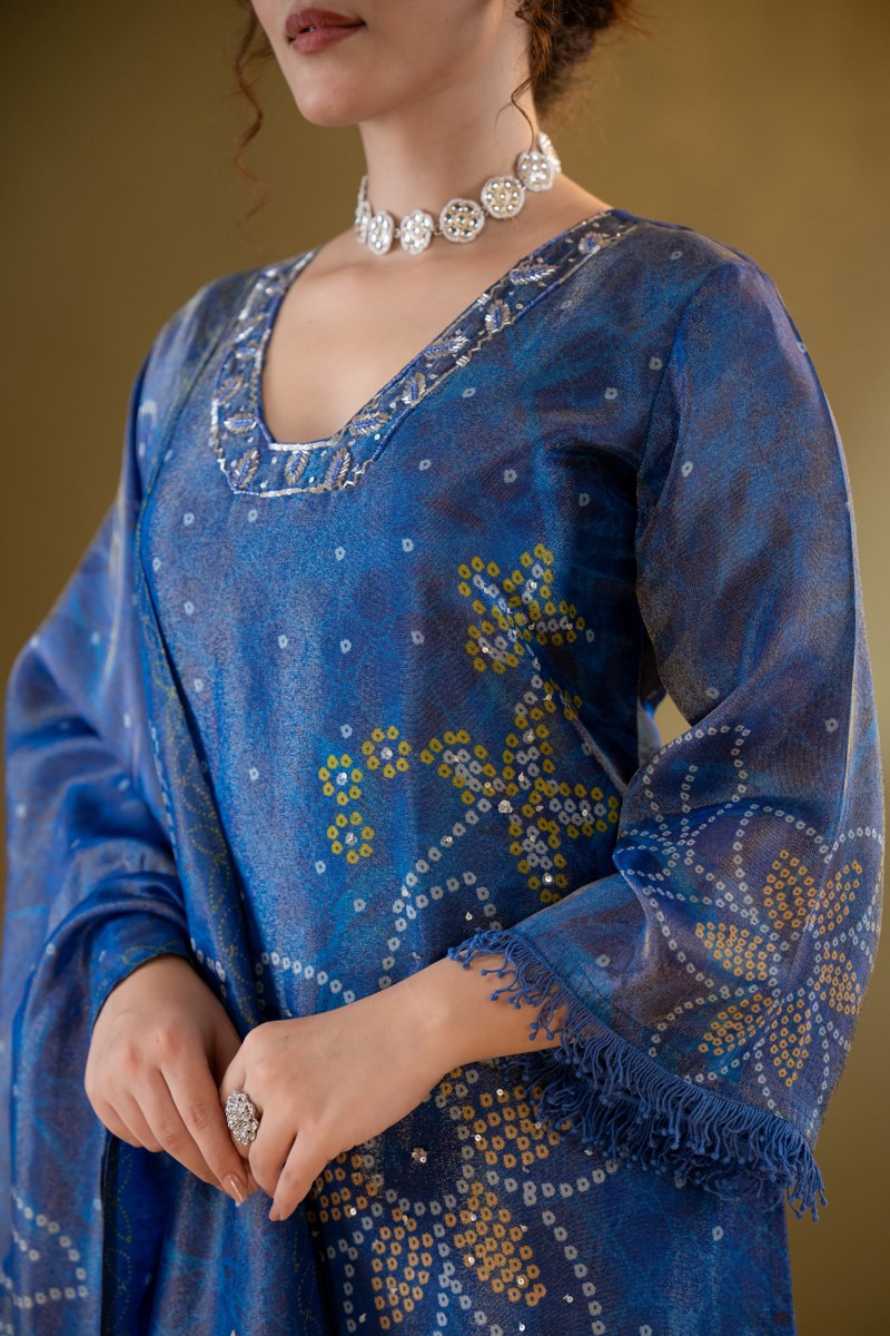 Midnight Blue Bandhani-Inspired Muslin 3-Piece Kurta Set with Dupatta