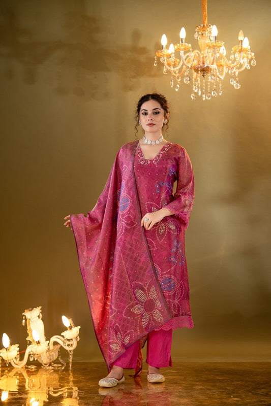 Fuchsia Pink Bandhani-Inspired Muslin 3-Piece Kurta Set with Dupatta