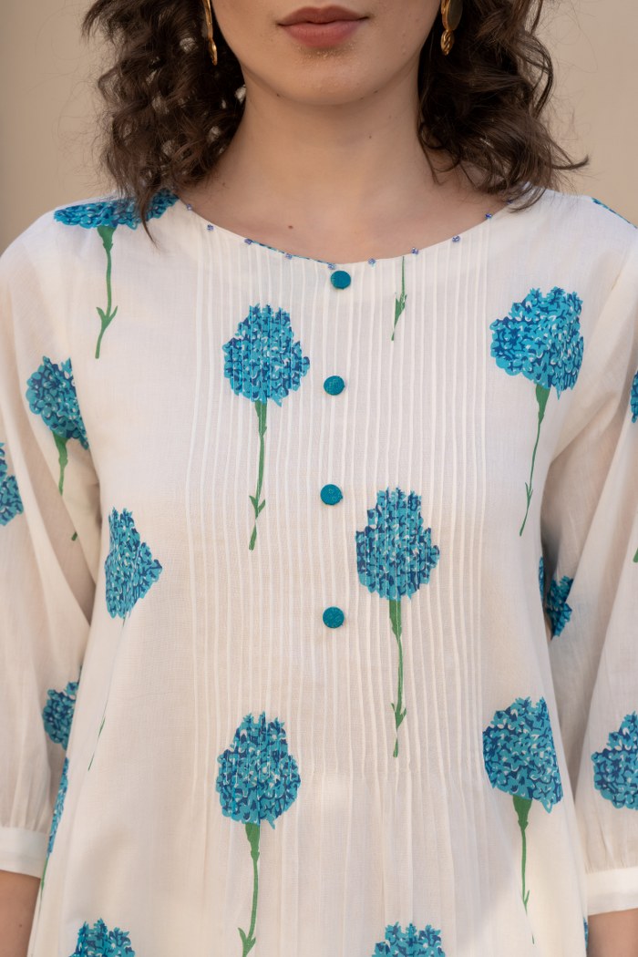 Ivory Blue Floral Printed Cotton Cord Set for Women