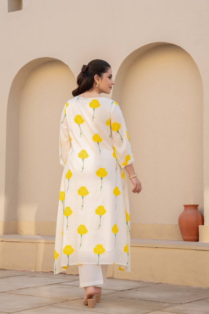 Ivory Yellow Floral Printed Cotton Cord Set for Women