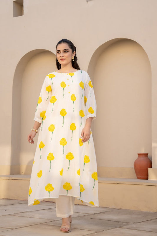 Ivory Yellow Floral Printed Cotton Cord Set for Women