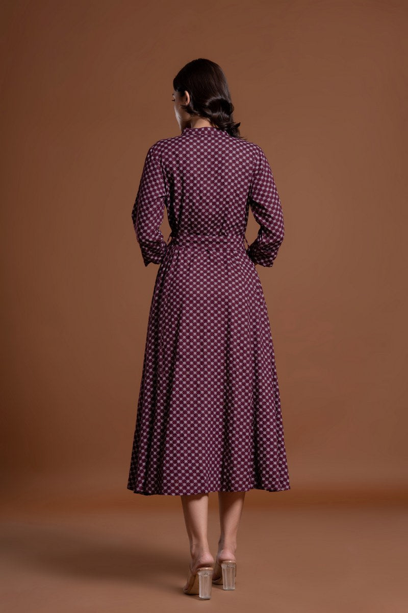 Women's Maroon Printed Belted A-Line Midi Dress