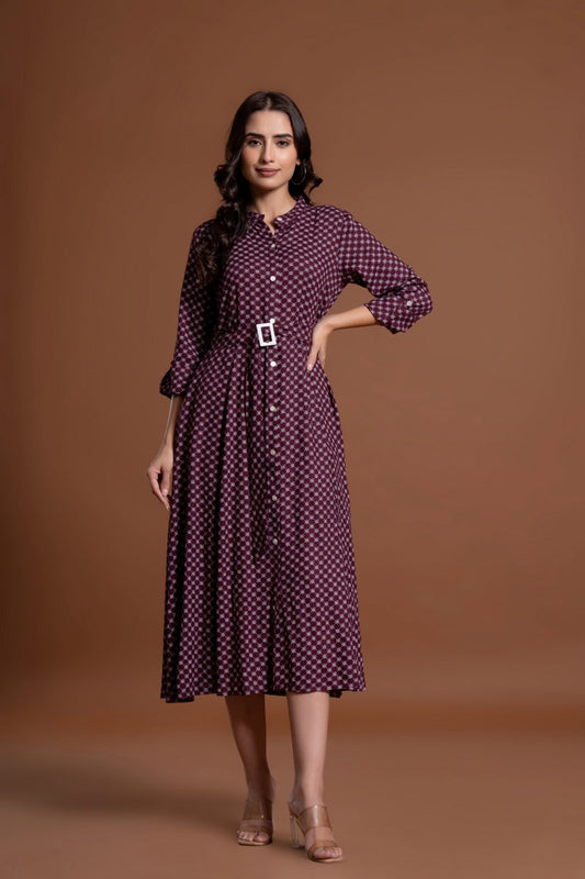 Women's Maroon Printed Belted A-Line Midi Dress