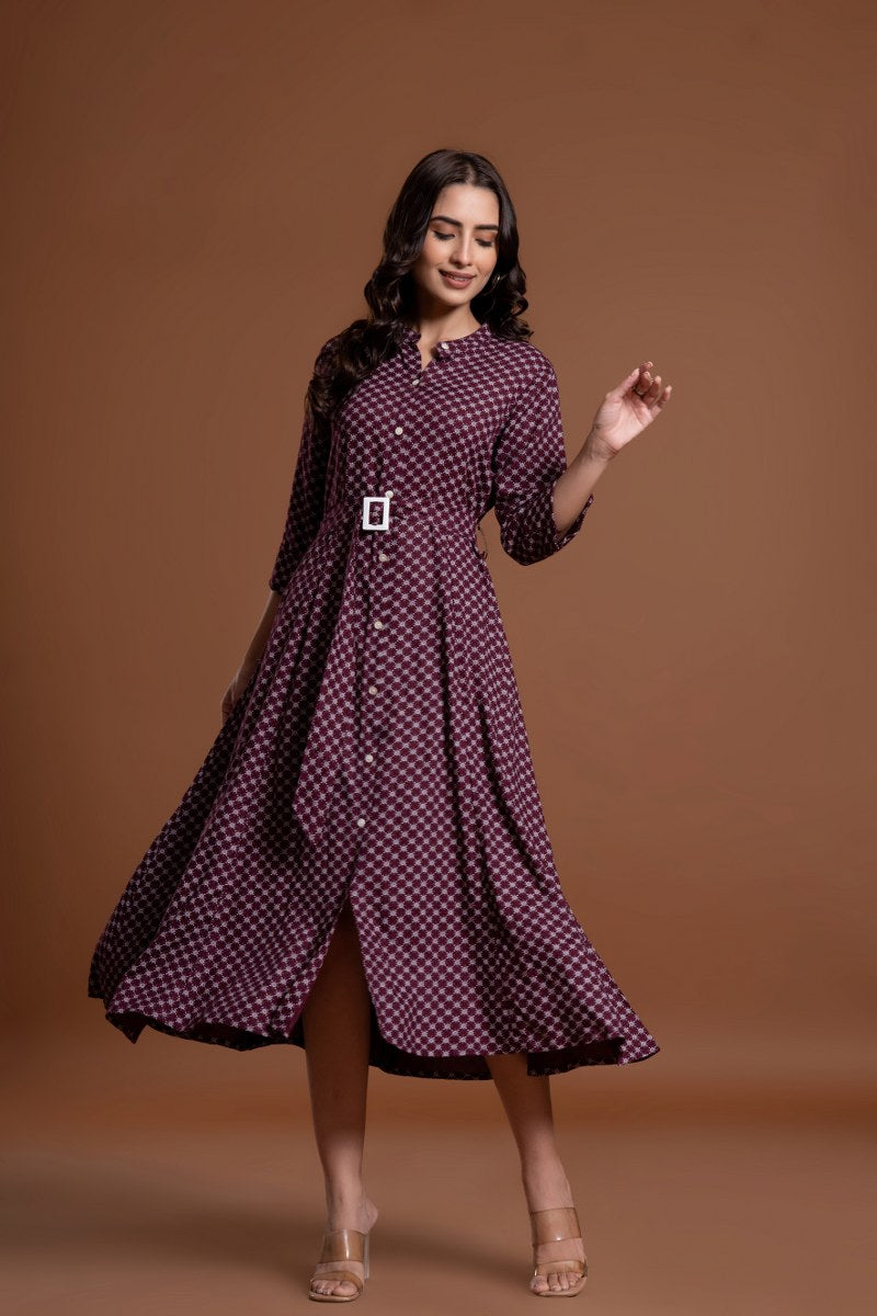 Women's Maroon Printed Belted A-Line Midi Dress