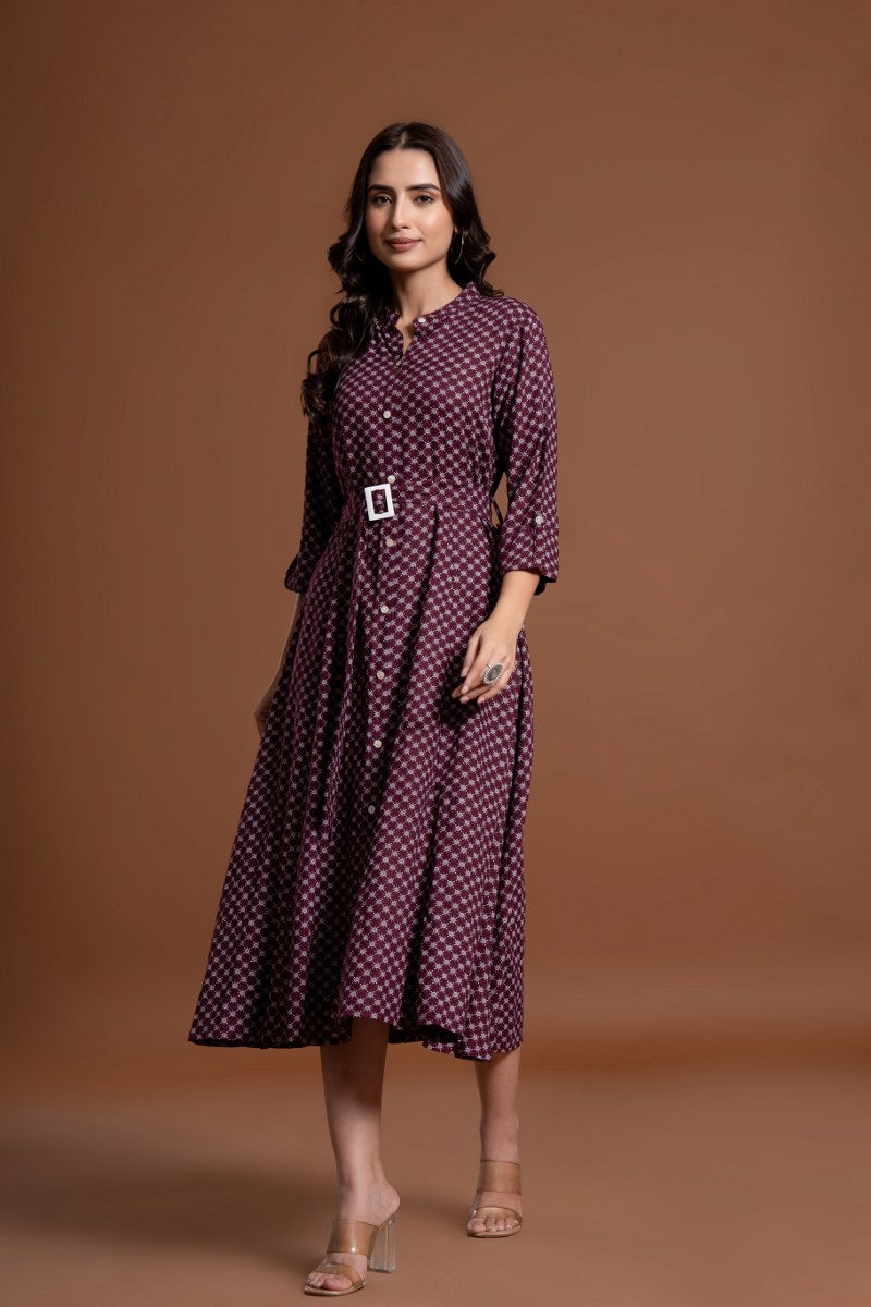 Women's Maroon Printed Belted A-Line Midi Dress