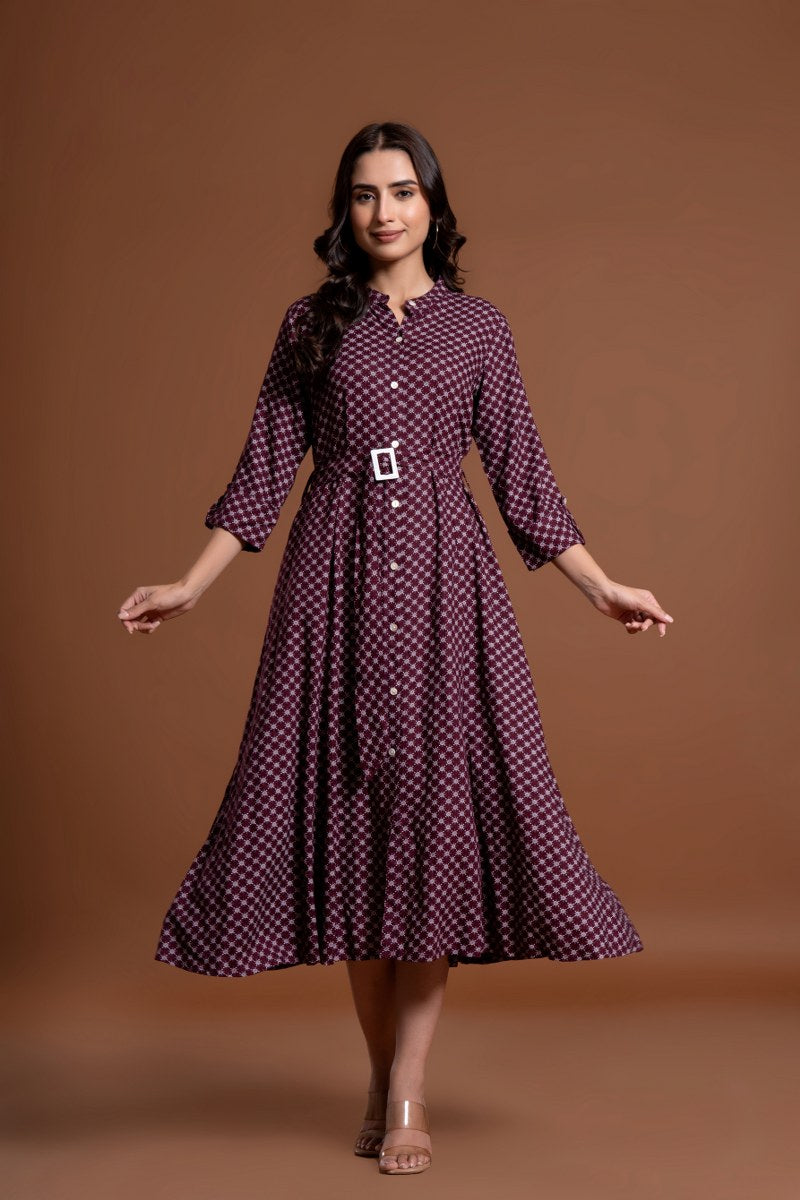 Women's Maroon Printed Belted A-Line Midi Dress