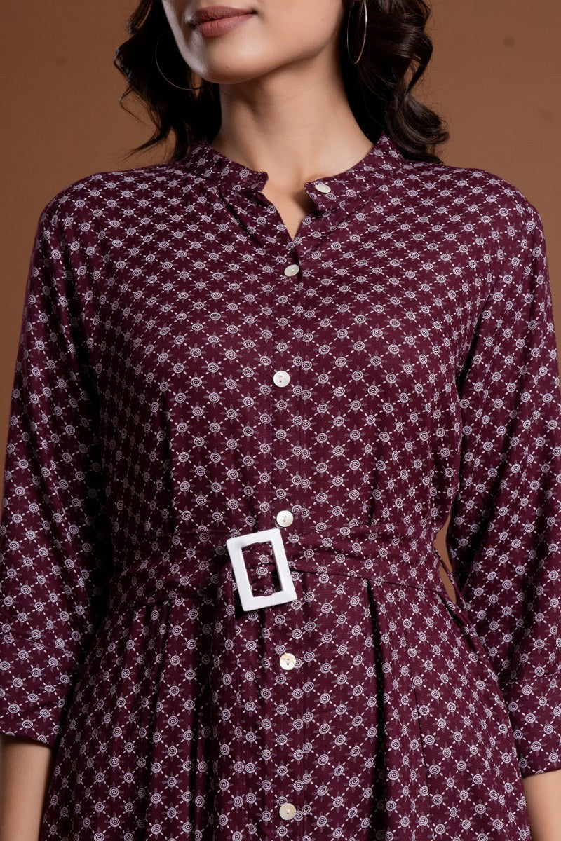 Women's Maroon Printed Belted A-Line Midi Dress