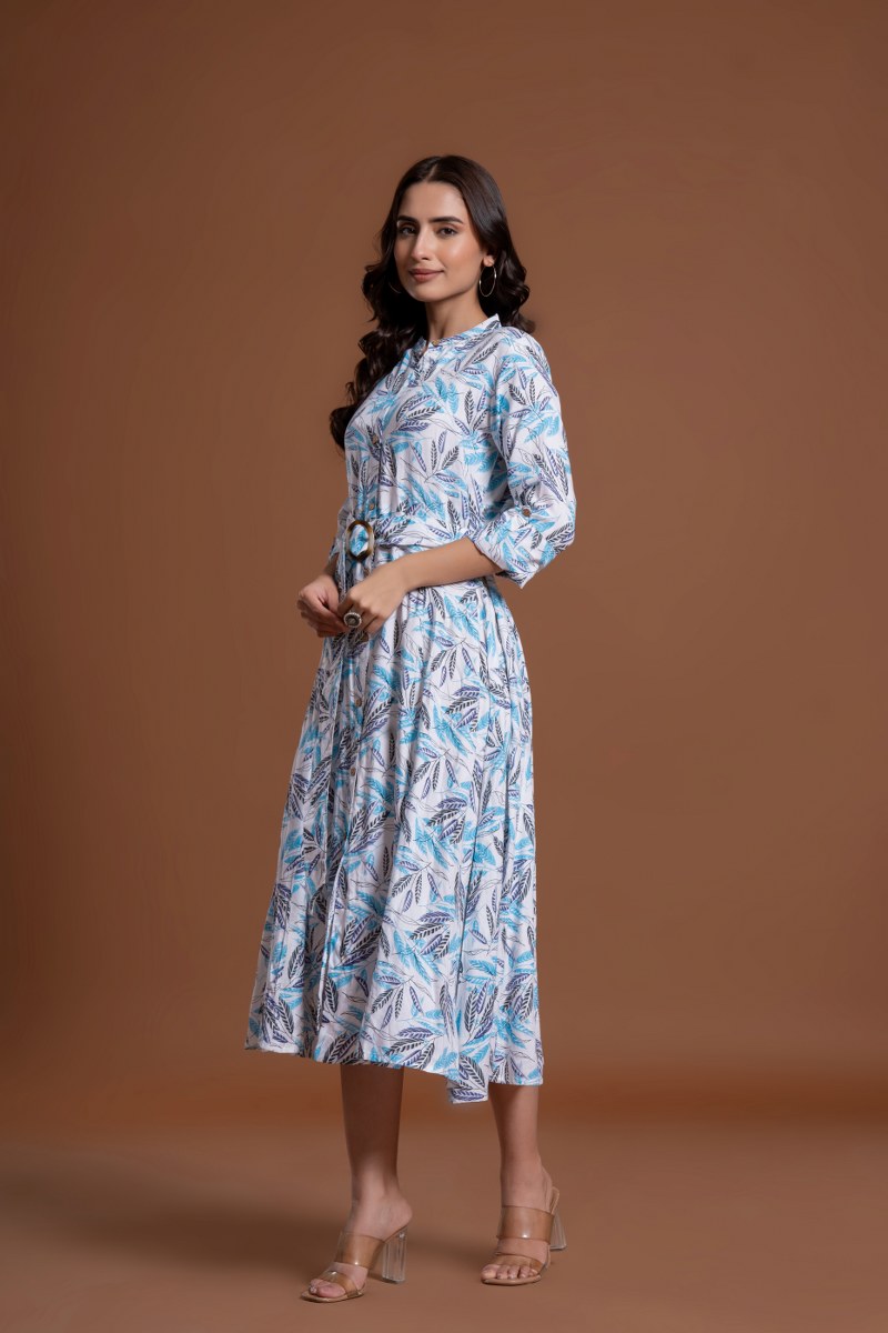 Women's White & Blue Leaf Print Belted A-Line Midi Dress