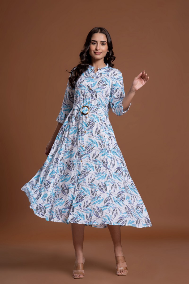 Women's White & Blue Leaf Print Belted A-Line Midi Dress