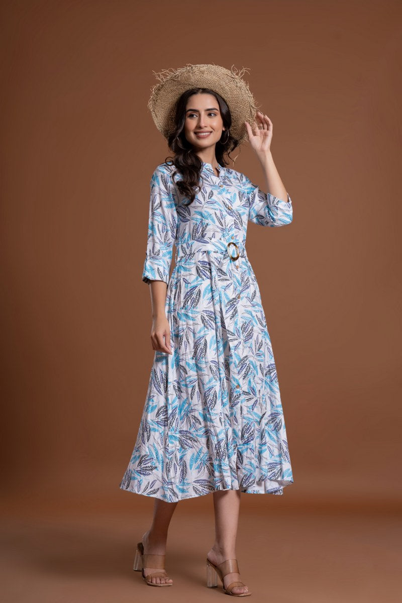 Women's White & Blue Leaf Print Belted A-Line Midi Dress
