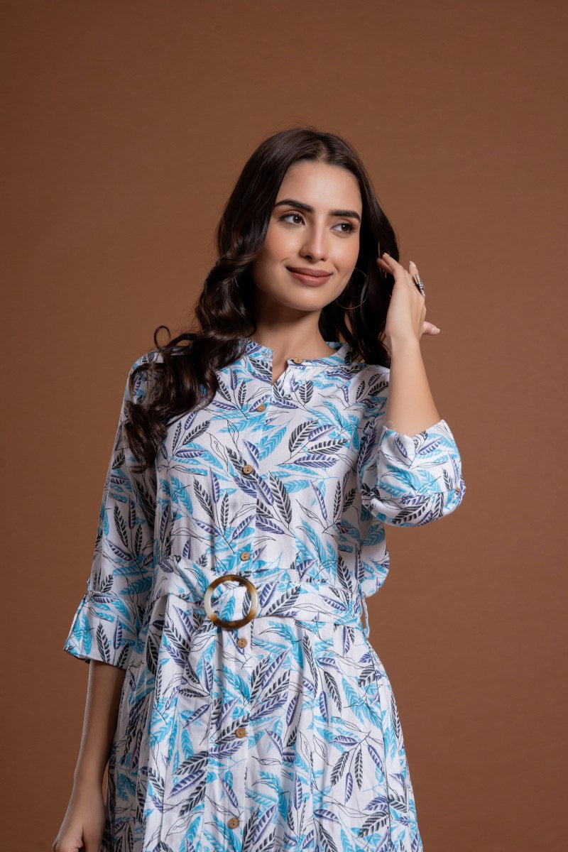 Women's White & Blue Leaf Print Belted A-Line Midi Dress