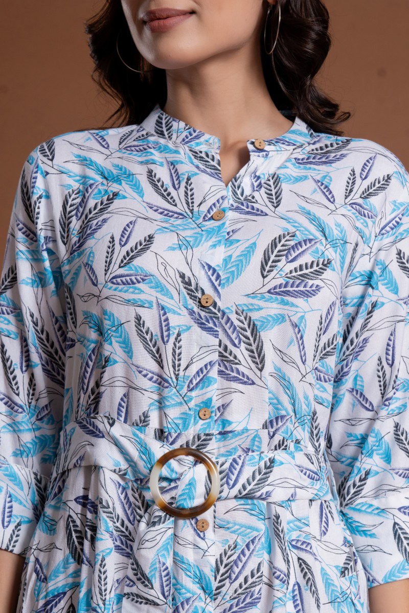 Women's White & Blue Leaf Print Belted A-Line Midi Dress