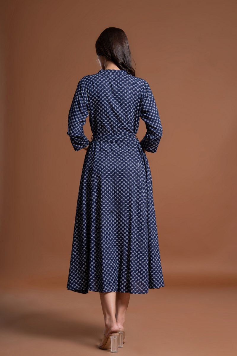 Women's Navy Blue Printed Belted A-Line Midi Dress