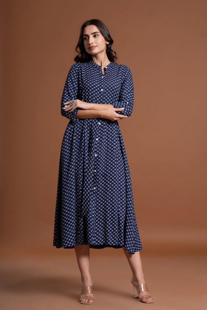 Women's Navy Blue Printed Belted A-Line Midi Dress
