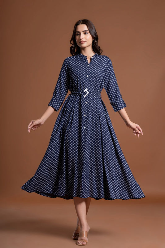 Women's Navy Blue Printed Belted A-Line Midi Dress