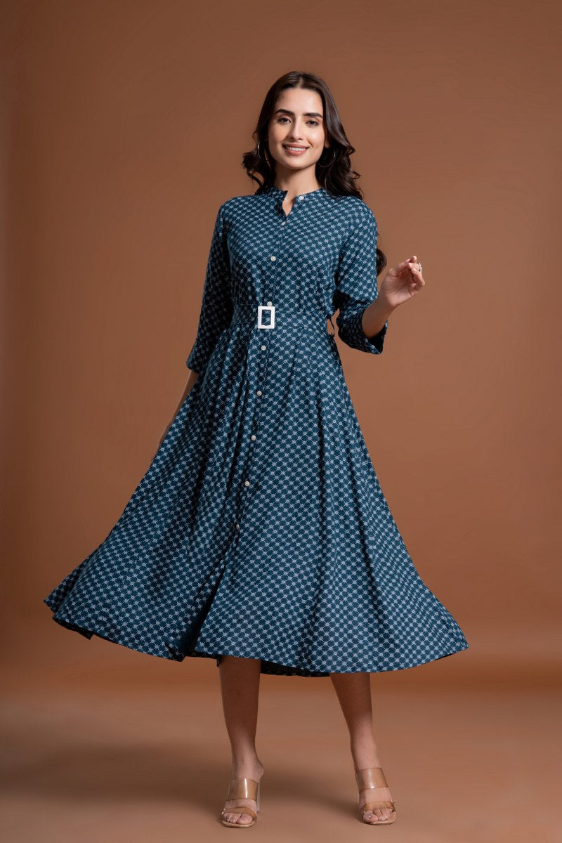 Women's Teal Blue Printed Belted A-Line Midi Dress