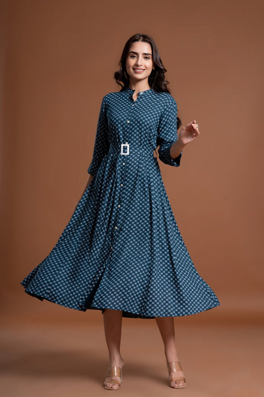 Women's Teal Blue Printed Belted A-Line Midi Dress