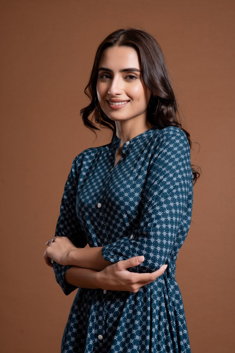 Women's Teal Blue Printed Belted A-Line Midi Dress