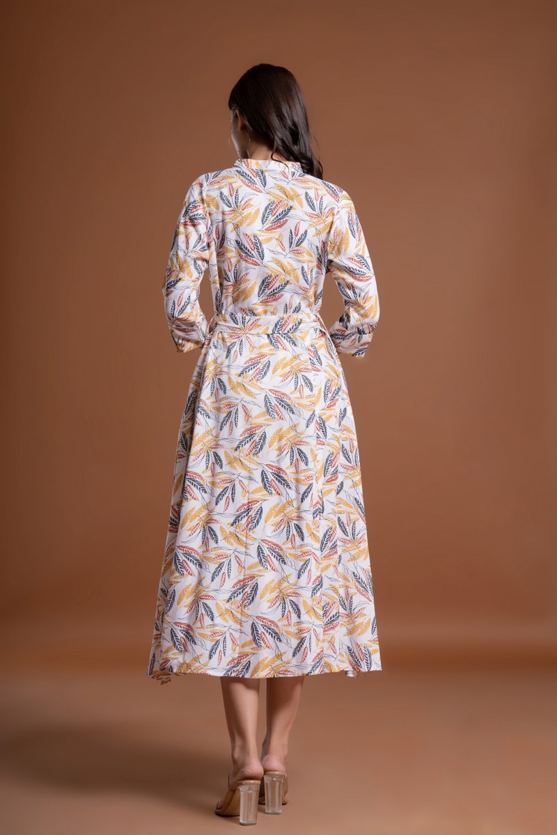 Women's White Leaf Print Belted A-Line Midi Dress