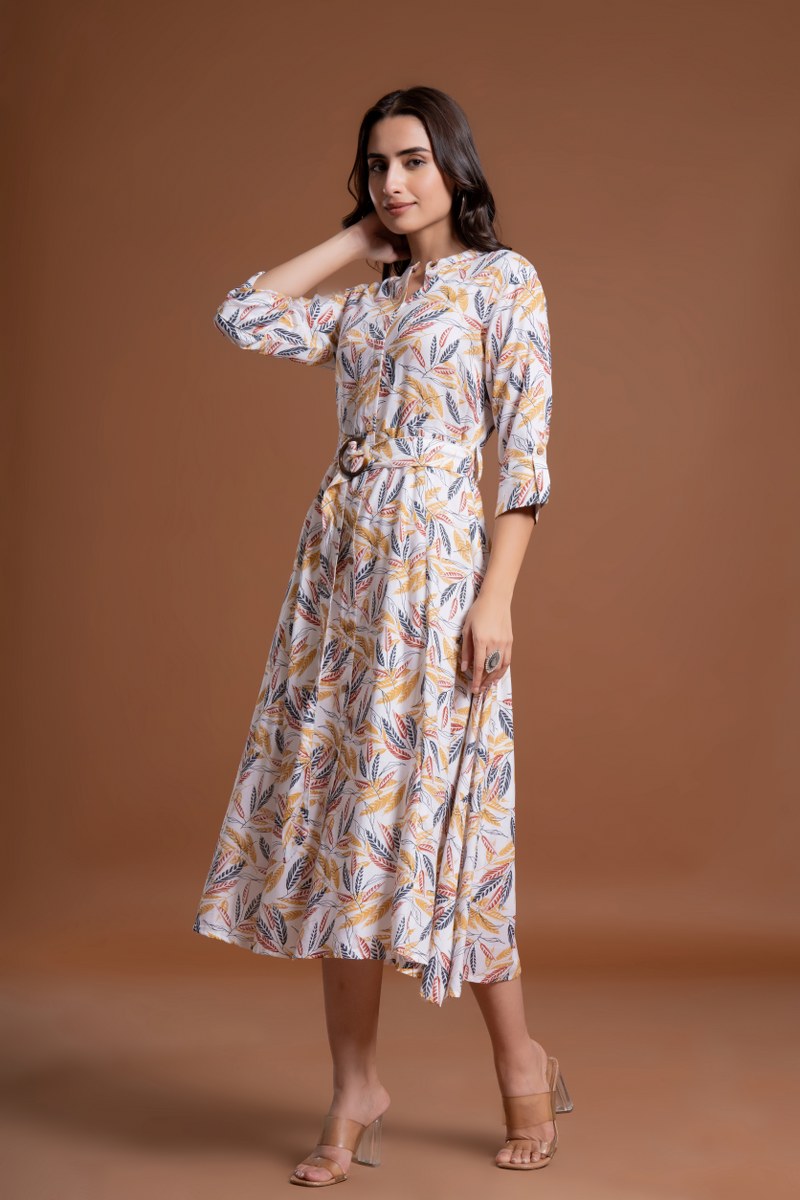 Women's White Leaf Print Belted A-Line Midi Dress
