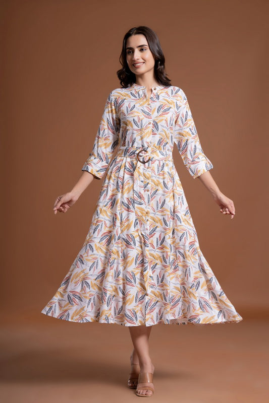 Women's White Leaf Print Belted A-Line Midi Dress