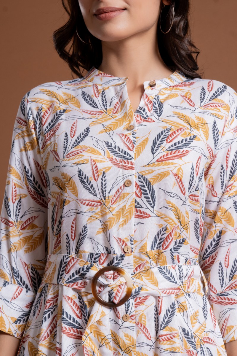 Women's White Leaf Print Belted A-Line Midi Dress
