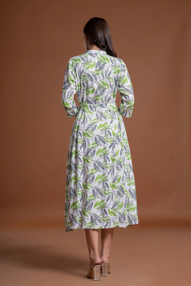 Women's White & Green Leaf Print Belted A-Line Midi Dress