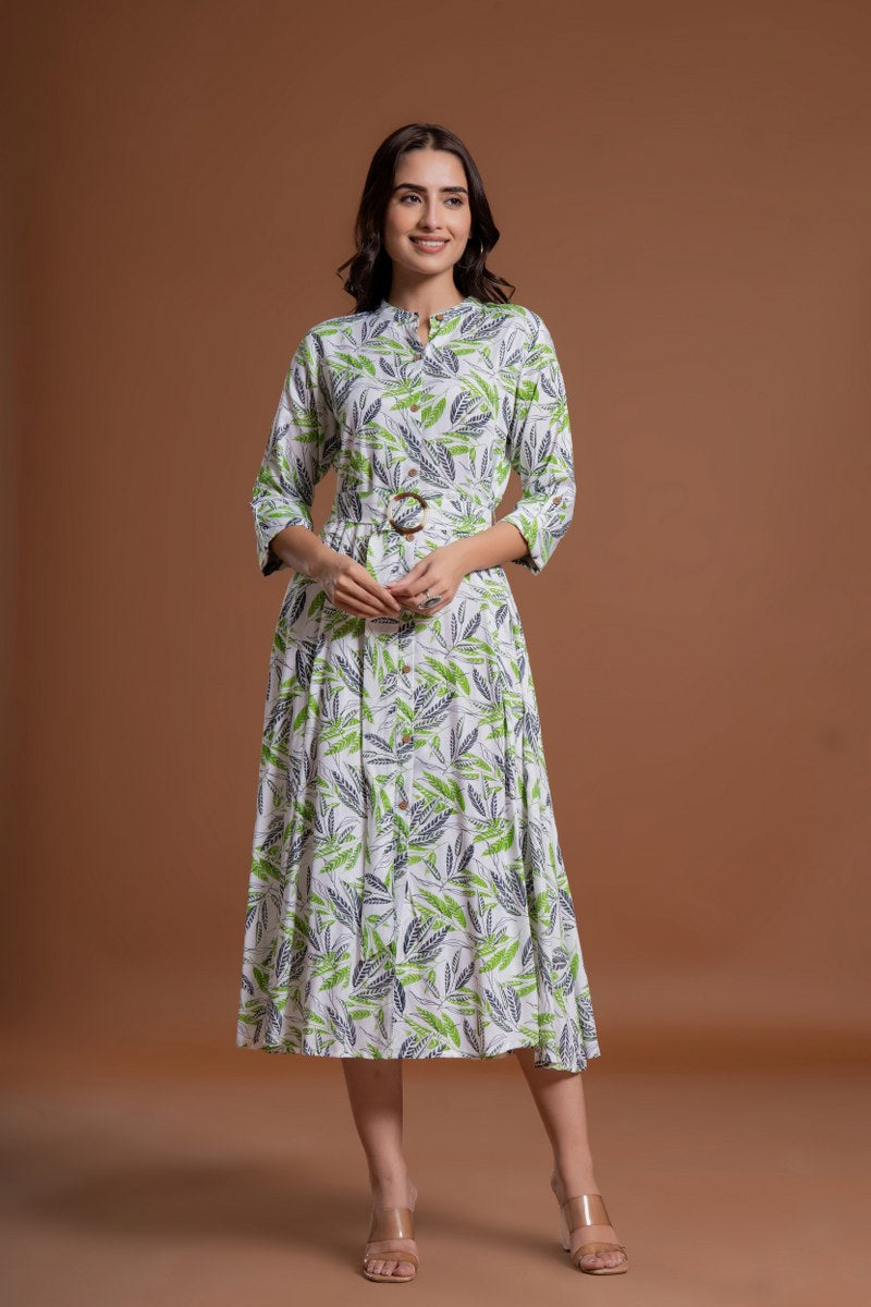 Women's White & Green Leaf Print Belted A-Line Midi Dress