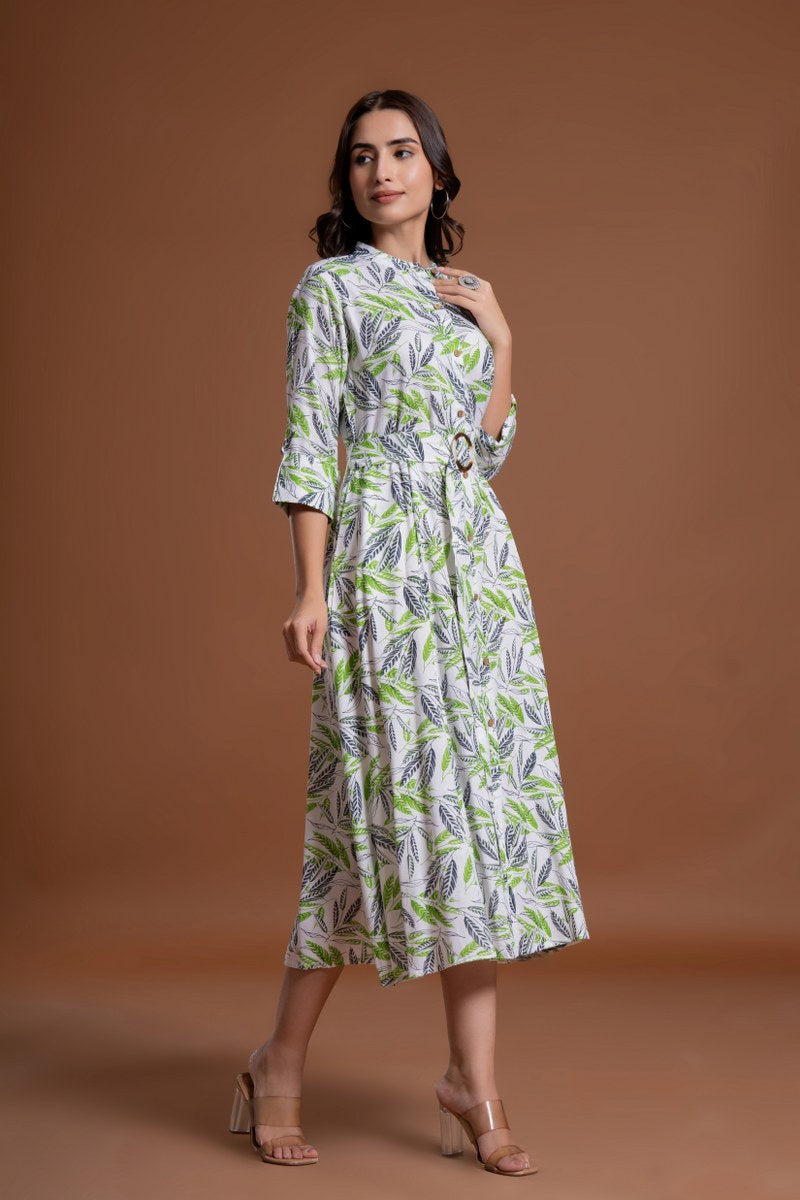 Women's White & Green Leaf Print Belted A-Line Midi Dress