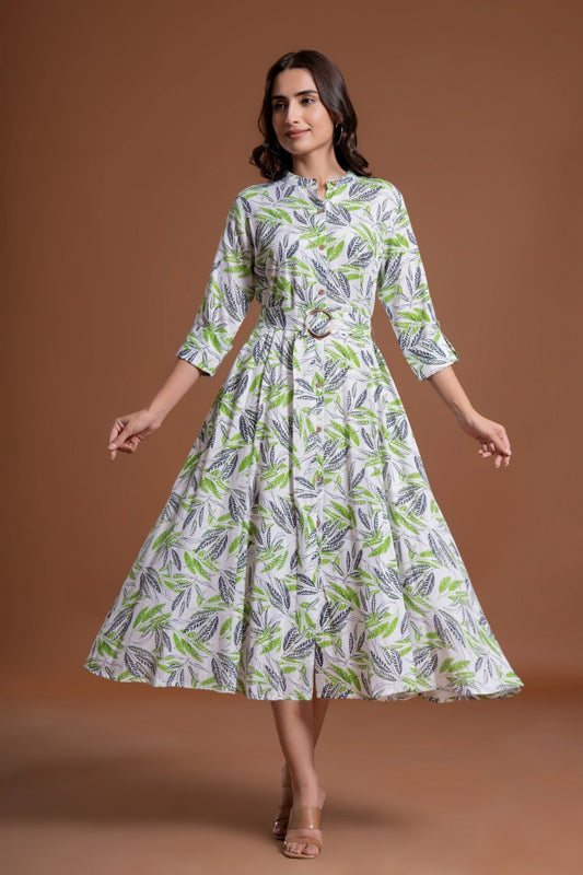Women's White & Green Leaf Print Belted A-Line Midi Dress