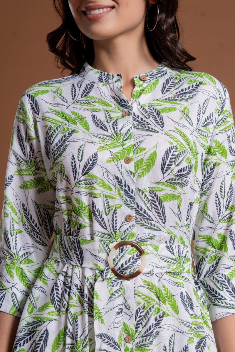 Women's White & Green Leaf Print Belted A-Line Midi Dress