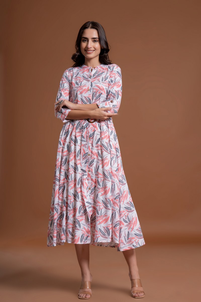Women's White & Coral Leaf Print Belted A-Line Midi Dress