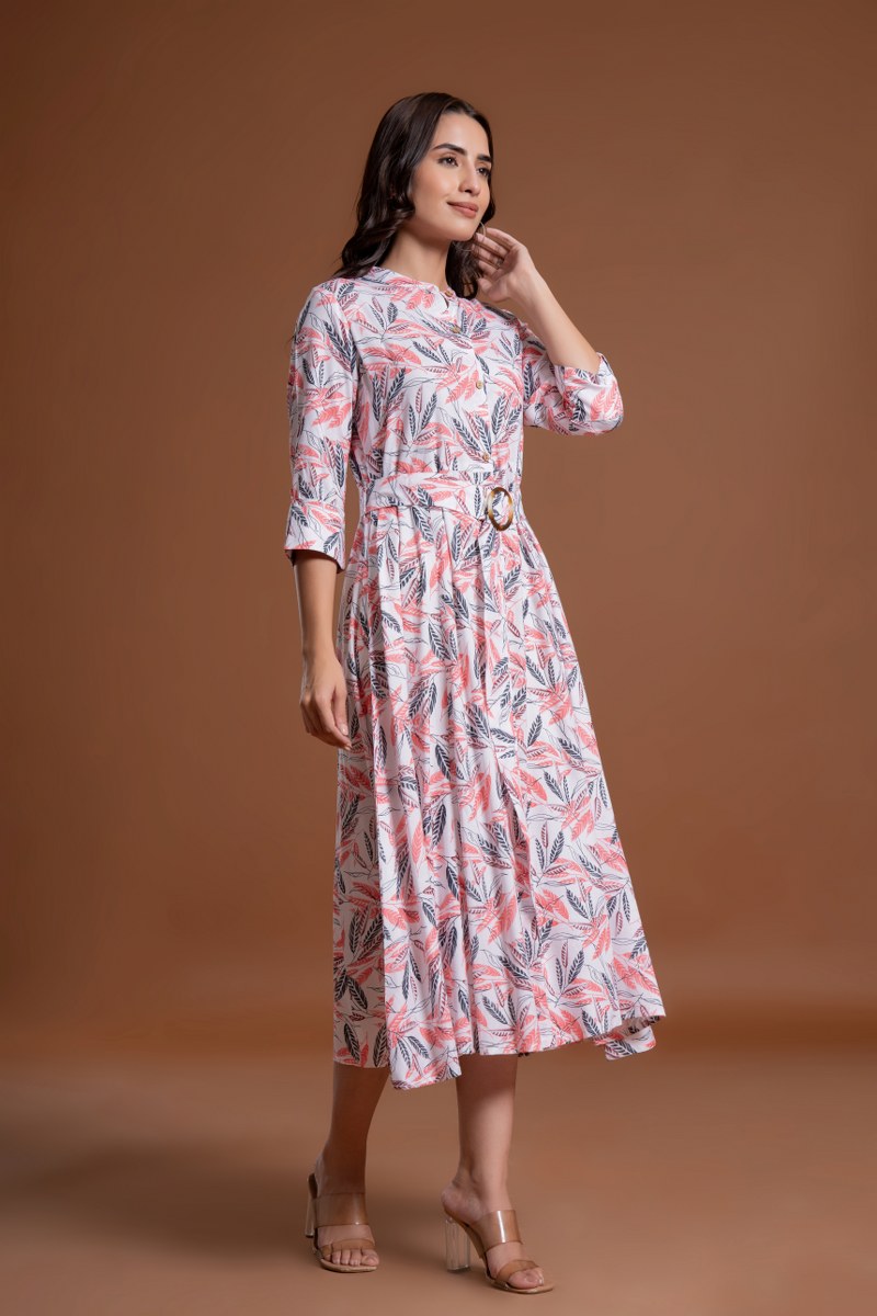 Women's White & Coral Leaf Print Belted A-Line Midi Dress