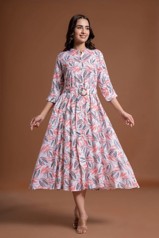 Women's White & Coral Leaf Print Belted A-Line Midi Dress