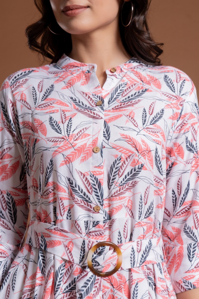 Women's White & Coral Leaf Print Belted A-Line Midi Dress