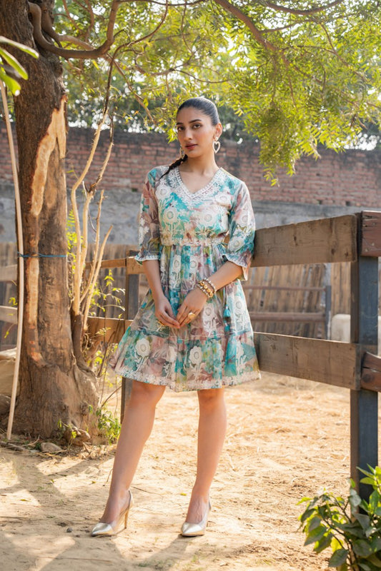 Pastel Blue & Peach Floral Embroidered A-Line Short Dress