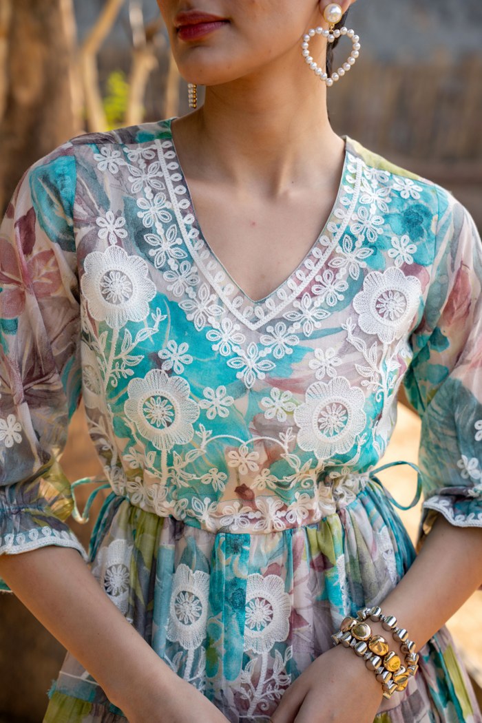 Pastel Blue & Peach Floral Embroidered A-Line Short Dress