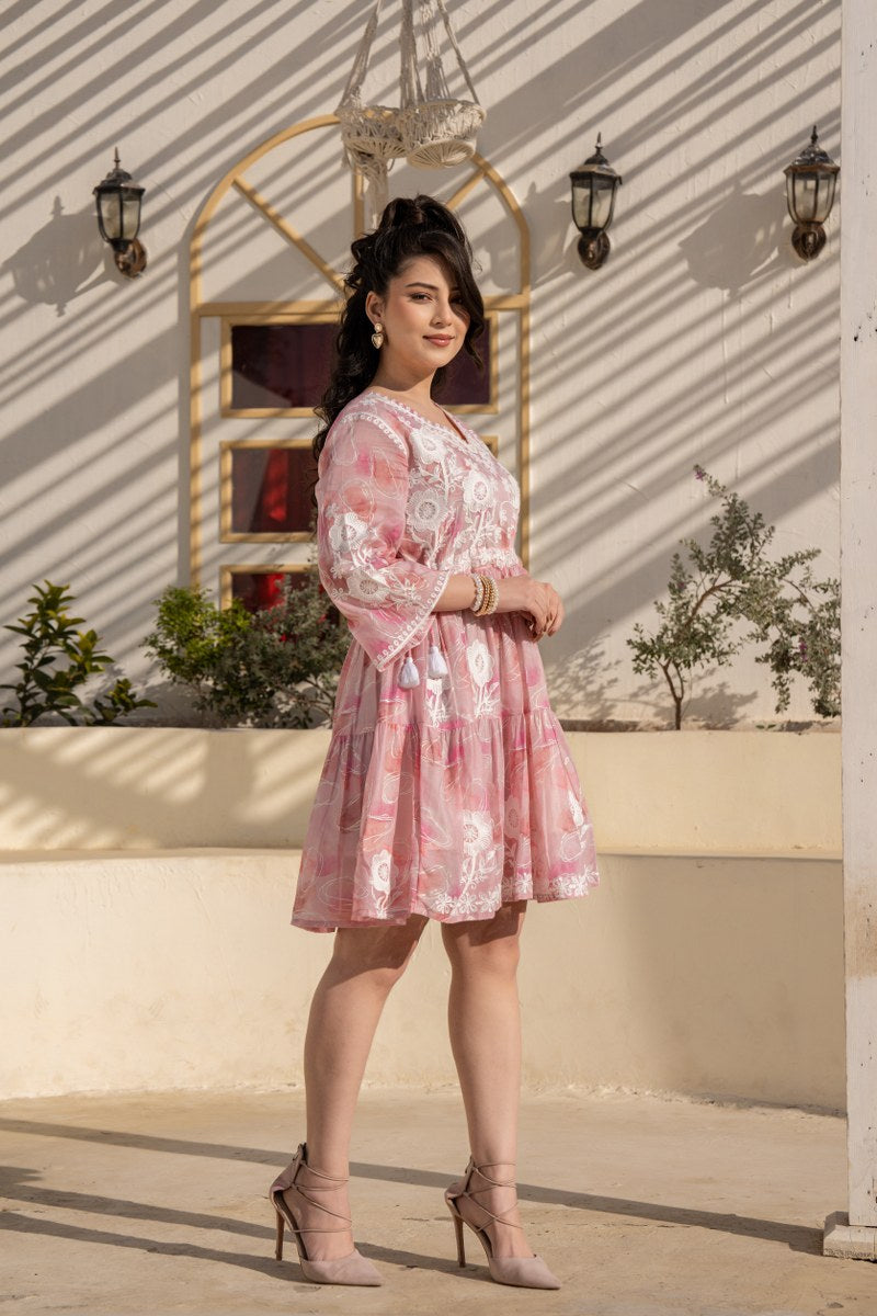 Baby Pink Floral Embroidered A-Line Short Dress