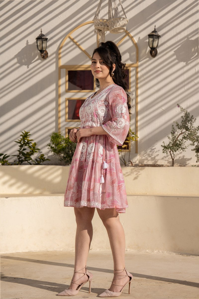 Baby Pink Floral Embroidered A-Line Short Dress